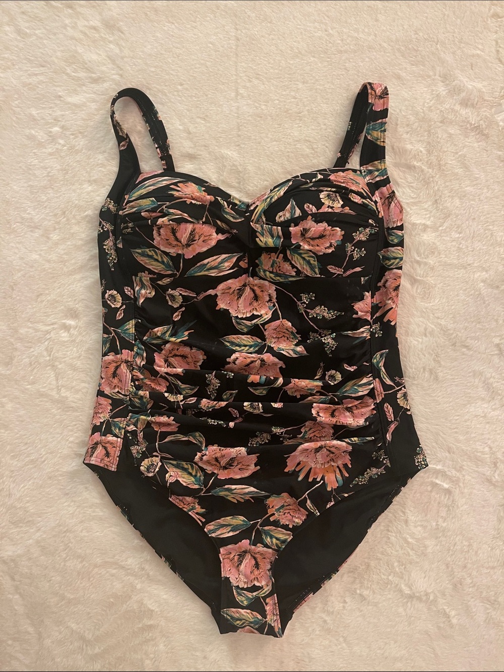 Niptuck  Floral Ruched One-Piece Swimsuit - Pink Floral on Black SZ 10